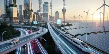 Futuristic American infrastructure network with smart highways and renewable energy