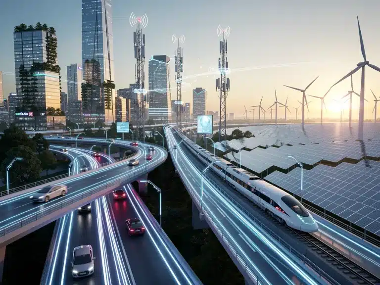 Futuristic American infrastructure network with smart highways and renewable energy