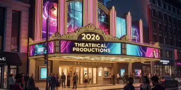 Futuristic Broadway theatre marquee with '2026 Theatrical Productions' sign, bustling evening street scene, modern audience.
