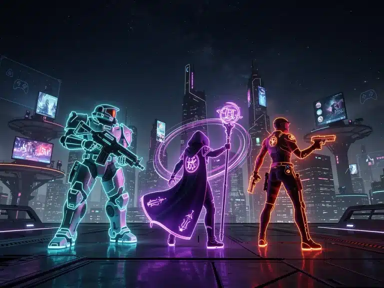 Futuristic gaming landscape with three distinct character silhouettes for 2026 releases