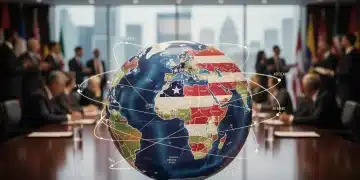 Global map highlighting the United States, with subtle lines connecting to other major nations, symbolising international diplomacy and influence.