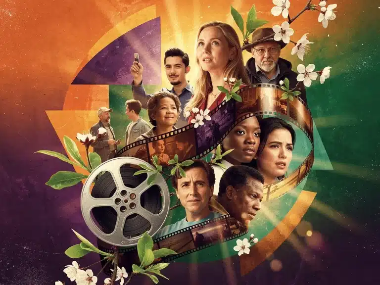 Vibrant collage symbolising independent film, artistic, diverse, fresh perspectives, spring 2026 cinema.