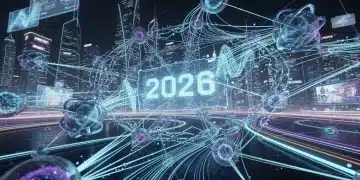 Abstract representation of quantum computing with interconnected particles and data streams, overlooking a futuristic cityscape.