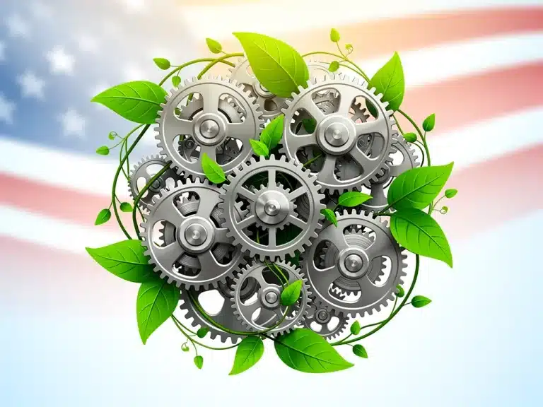 Illustration of sustainable technology integrating with industrial processes for energy reduction in US companies.