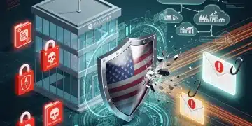 Illustration of a digital shield protecting a US business from ransomware, phishing, and supply chain attacks.