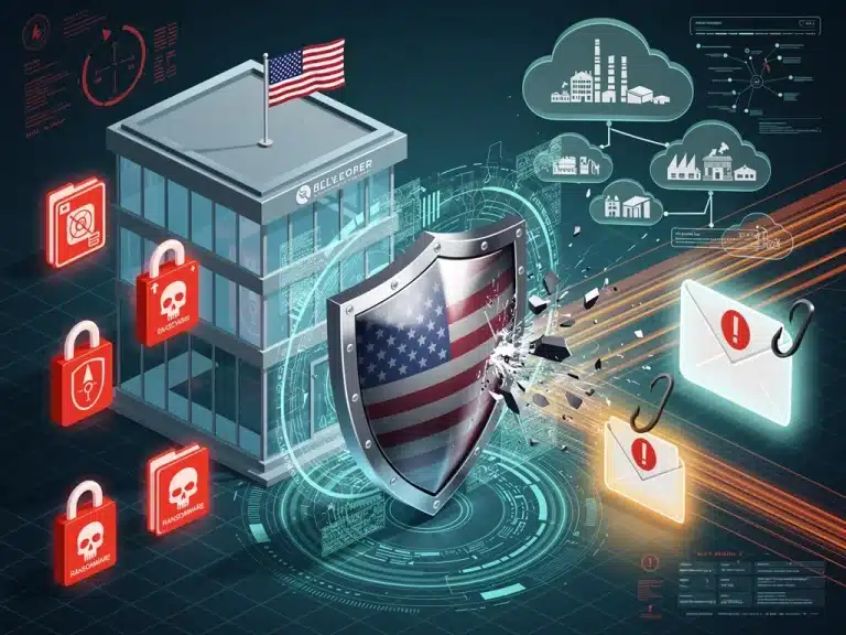 Illustration of a digital shield protecting a US business from ransomware, phishing, and supply chain attacks.