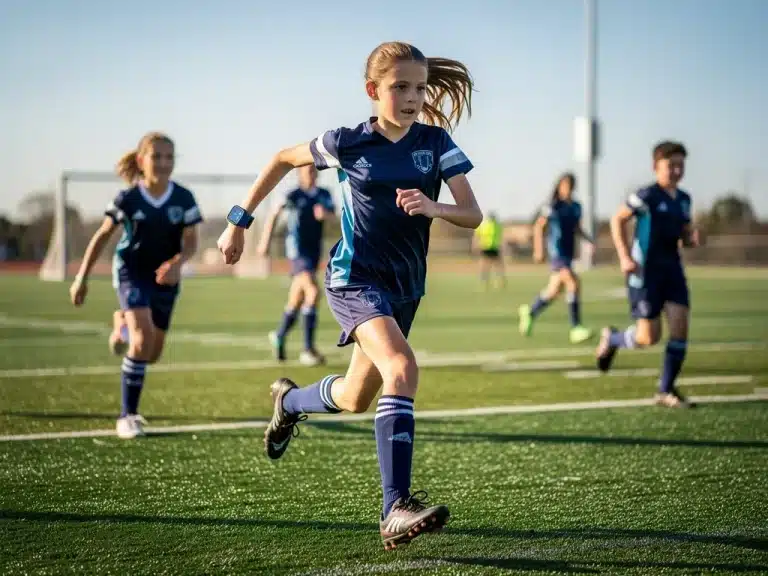 Young athlete wearing wearable tech for safety and performance monitoring in youth sports.